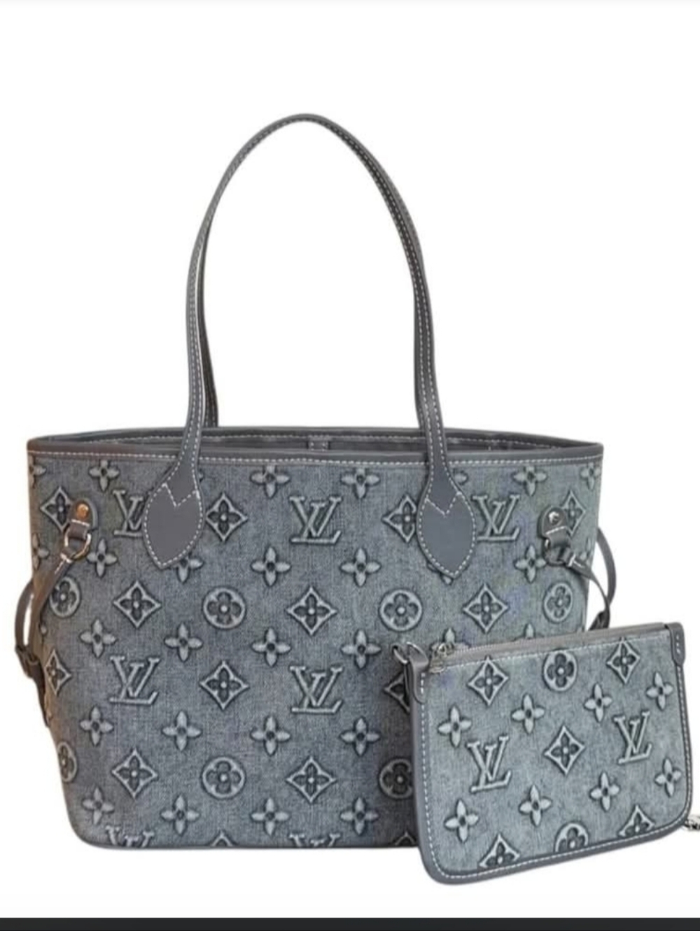 Cotton Denim Deluxe Embross Monogram Travel Everywear Tote Bag - Picture 5 of 16